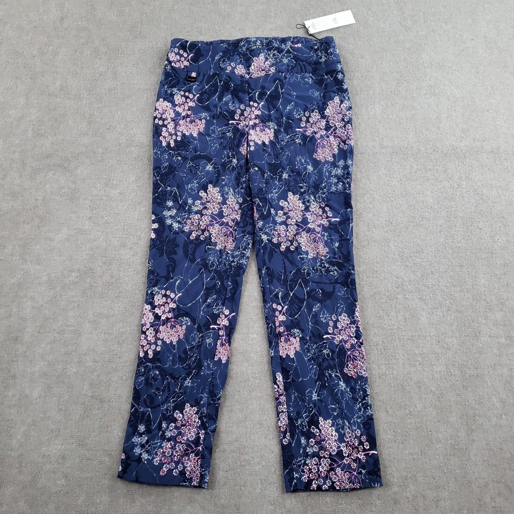Lisette L Pants Womens‎ 10 Navy Blue Floral Slim Ankle Pull On Stretch Casual